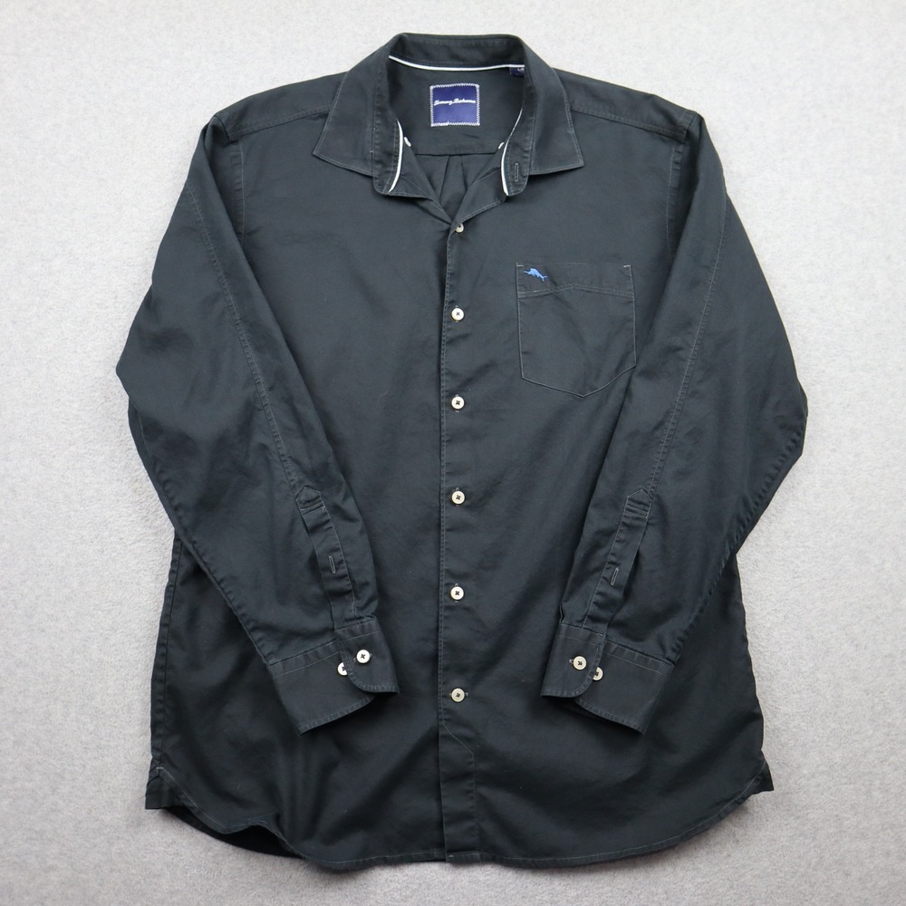 Tommy Bahama Button Down Mens Large Black Cotton Silk Long Sleeve Marlin Logo